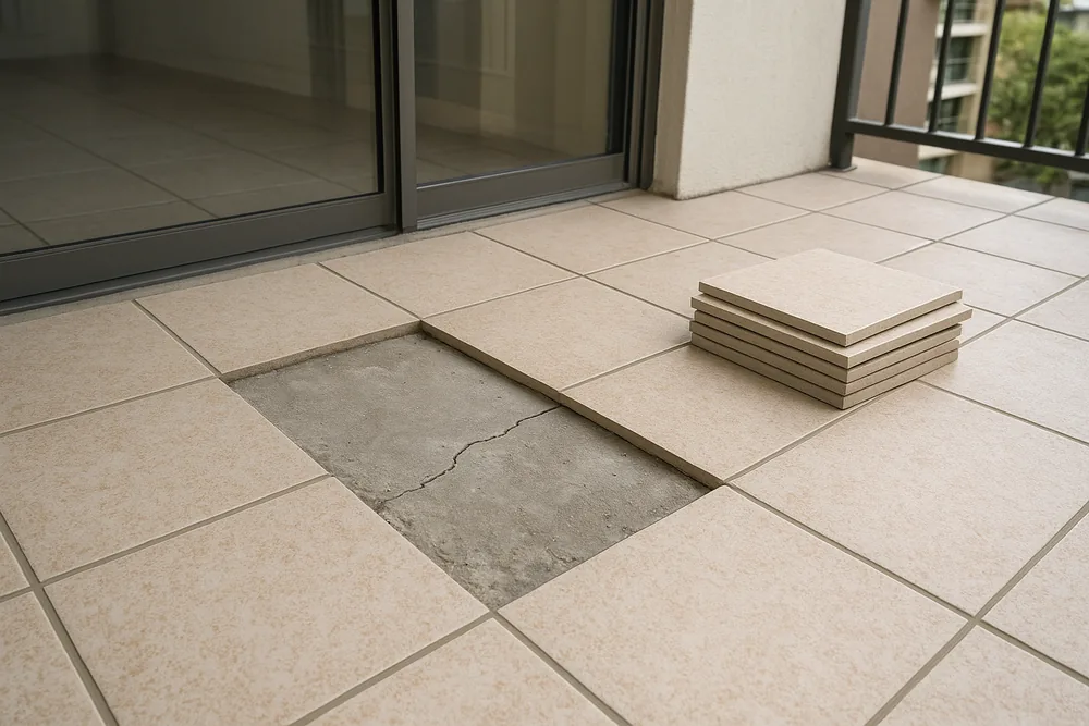 A balcony floor with a strip of beige tiles lifted to show a cracked grey concrete slab underneath and a short stack of tiles beside it — balcony concrete cancer repair, Gold Coast. Illustrative example.