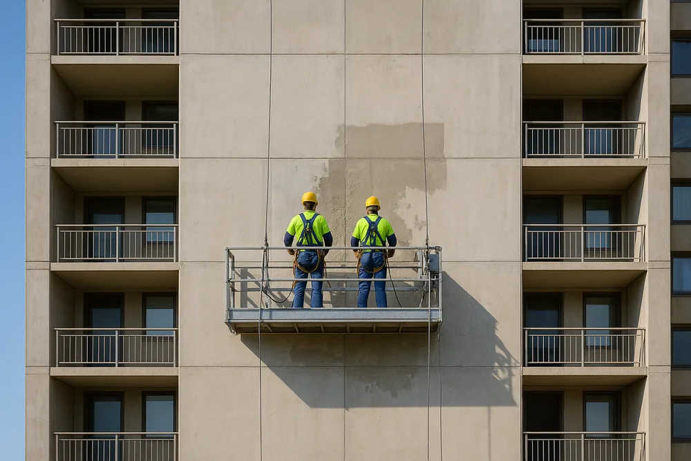 Two workers in helmets, hi-vis and harnesses seen from behind on a suspended platform against the face of a concrete apartment tower, with a lighter repaired patch on the wall — body corporate concrete repairs, Gold Coast. Illustrative example.