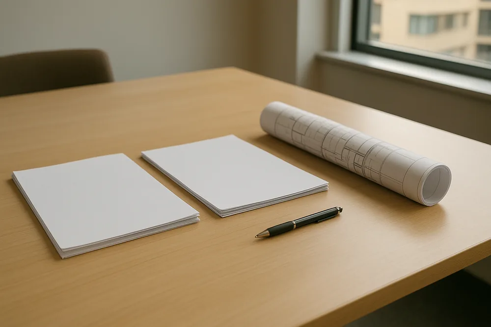 Two stacks of white paper beside a rolled-up building plan and a pen on a meeting-room table — body corporate concrete repairs, Gold Coast. Illustrative example.