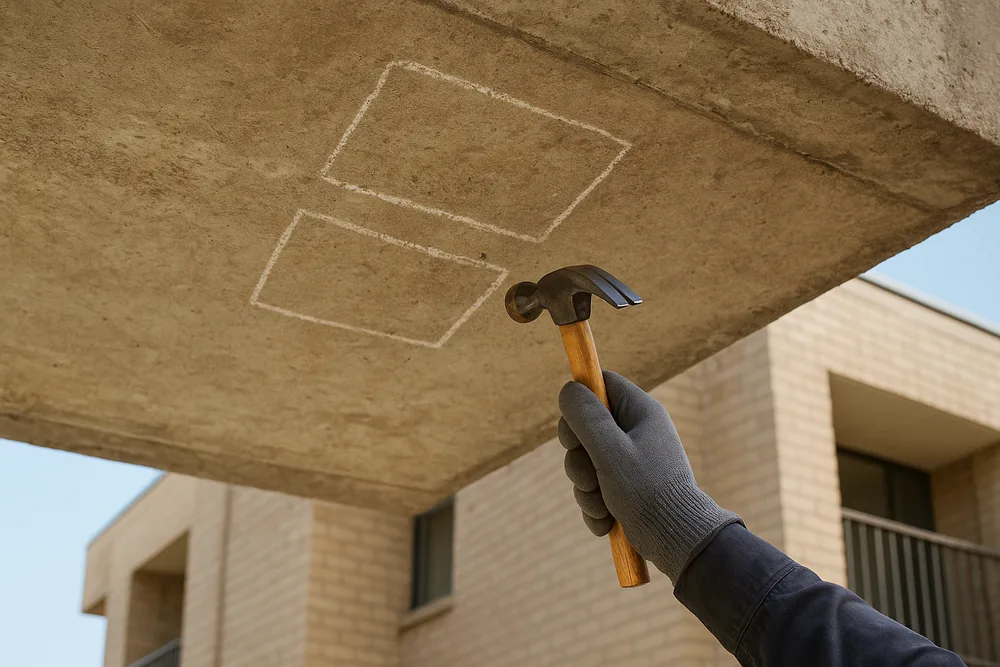 A gloved hand holding a hammer below a concrete balcony soffit that has two patches outlined in chalk — concrete cancer inspection, Gold Coast. Illustrative example.