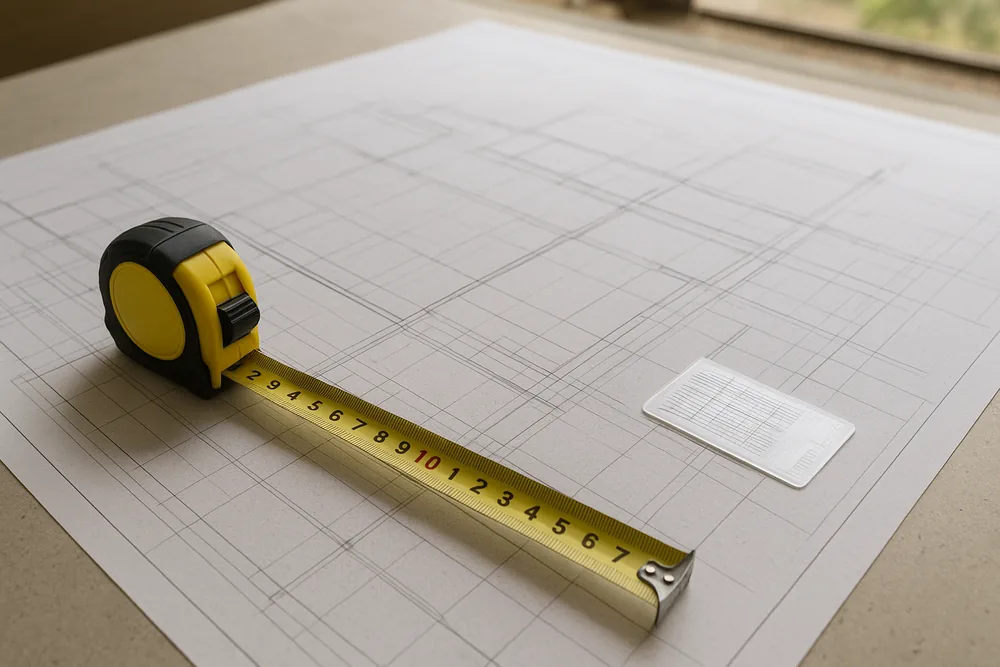 A plan of a concrete floor slab drawn in fine grey lines on a table, with a yellow tape measure and a clear plastic crack gauge card on it — concrete cancer inspection, Gold Coast. Illustrative example.