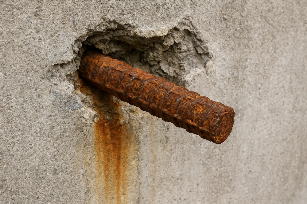 A close view of a rusted reinforcing bar sticking out of a hole where concrete has broken away, with rust streaks running down the concrete below — concrete cancer repair, Gold Coast. Illustrative example.