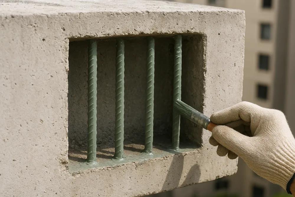 A rectangular recess in a concrete slab edge with four vertical reinforcing bars coated in grey-green primer and a gloved hand brushing more on — concrete cancer repair, Gold Coast. Illustrative example.
