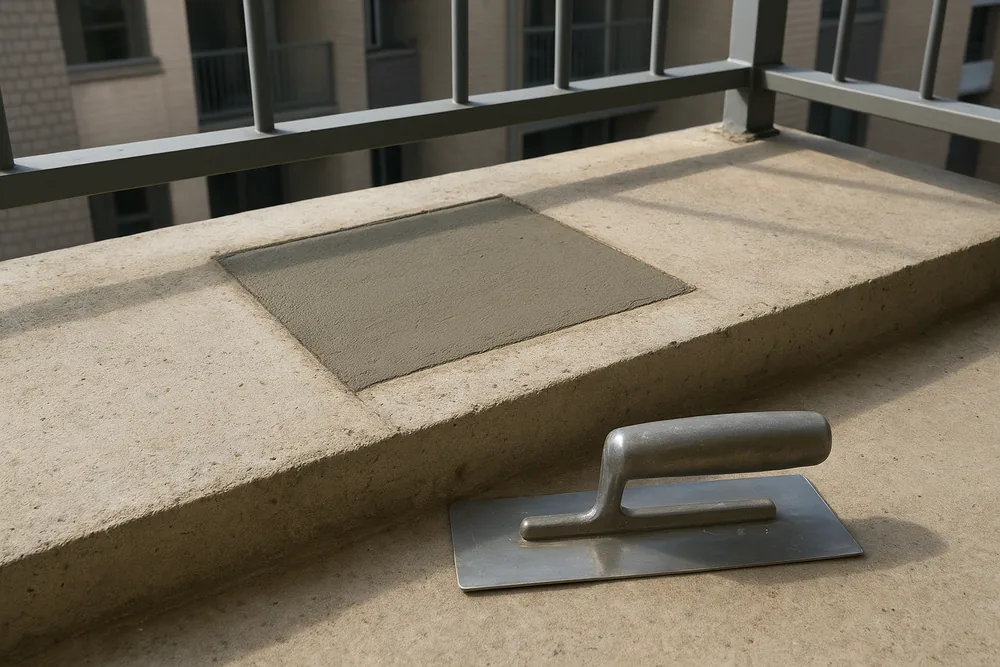 A square of fresh repair mortar set into the edge of a concrete balcony slab with a steel trowel resting on the floor beside it — concrete cancer repair, Gold Coast. Illustrative example.