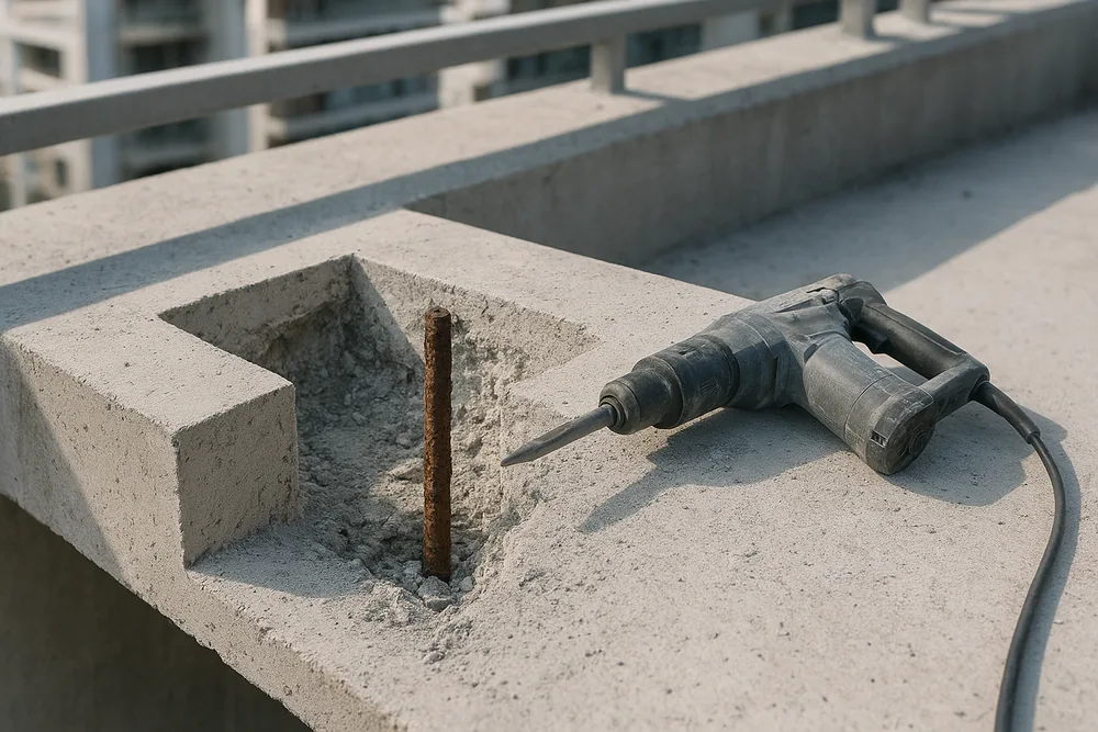 A square recess cut into the edge of a concrete balcony slab with one rusted reinforcing bar standing in it and a handheld electric breaker with a chisel bit resting on the slab beside it — concrete cancer repair, Gold Coast. Illustrative example.