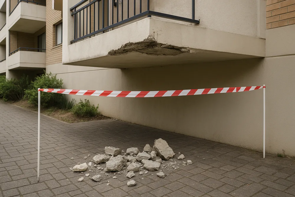 A pile of broken concrete on a paved path below a balcony with a damaged soffit, and red-and-white tape strung between two stakes across the path — spalling and exposed reinforcement, Gold Coast. Illustrative example.