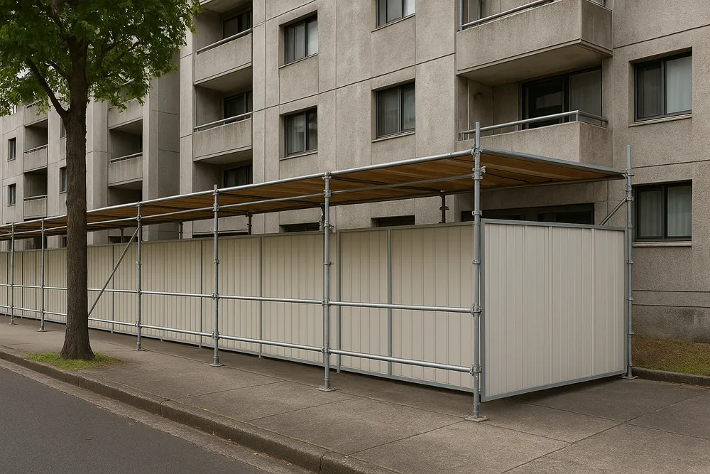 A scaffold with a covered timber walkway and plain panel hoarding along a footpath at the foot of a mid-rise concrete apartment building — spalling and exposed reinforcement, Gold Coast. Illustrative example.